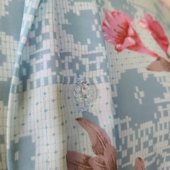 Vintage 1970s Semi Sheer Long Sleeve Blue Pink Floral Print Secretary Dress 12 - Picture 7 of 10